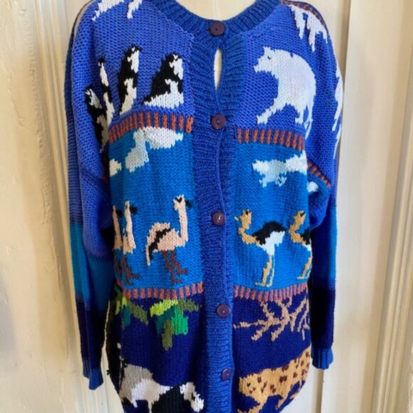 Vintage 80s Hand Knit Animal Cardigan Sweater by 20 Ans by Mariea Kim Size Large - Picture 1 of 10